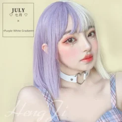 Hengji Wig July Purple White Gradient 33cm Straight Lolita Daily Cosplay Wig Synthetic Heat Resistant Fiber